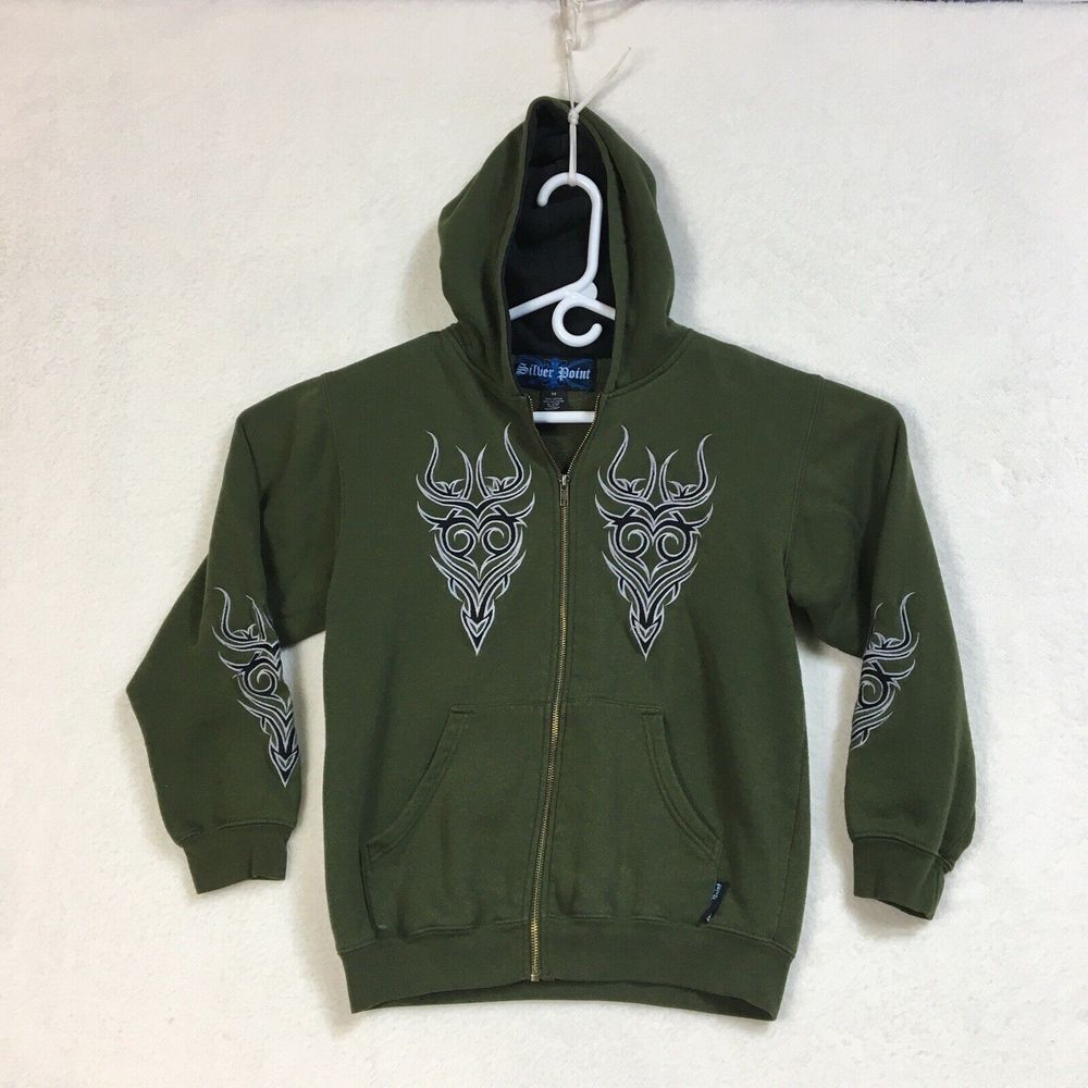 Vintage Y2K‎ Silver Point Hoodie Mens M Olive Green Embroidered Tribal Graphic